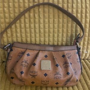 Authentic MCM Tan Visetos Monogram Shoulder Bag with Gold Plaque